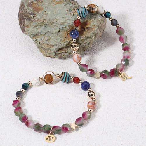 Bracelets de pierres précieuses, Acier inoxydable 304, avec Prehnite nature, 12 Signes du Zodiaque, Placage, bijoux de mode, plus de couleurs à choisir, 6-8mm, Vendu par 19 cm brin