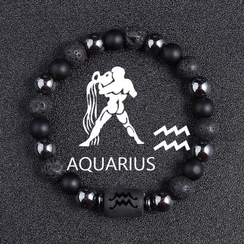 Bracelets de pierres précieuses, laiton, avec Obsidienne & lave volcanique & hématite non magnétique, 12 Signes du Zodiaque, Placage, bijoux de mode, plus de couleurs à choisir, protéger l'environnement, sans nickel, plomb et cadmium, 10x13mm, Vendu par 19 cm brin