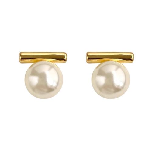 Goujon Laiton, avec perle de plastique, Placage, bijoux de mode, plus de couleurs à choisir, protéger l'environnement, sans nickel, plomb et cadmium, 9.70x10.10mm, Vendu par paire