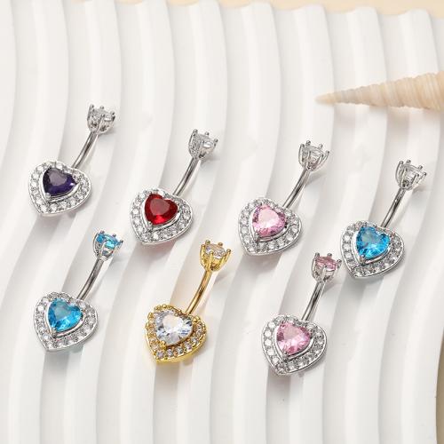 Acier inoxydable 304 anneau de ventre, coeur, unisexe & pavé de micro zircon, plus de couleurs à choisir, belly ring rod size 1.6x10mm, Vendu par PC