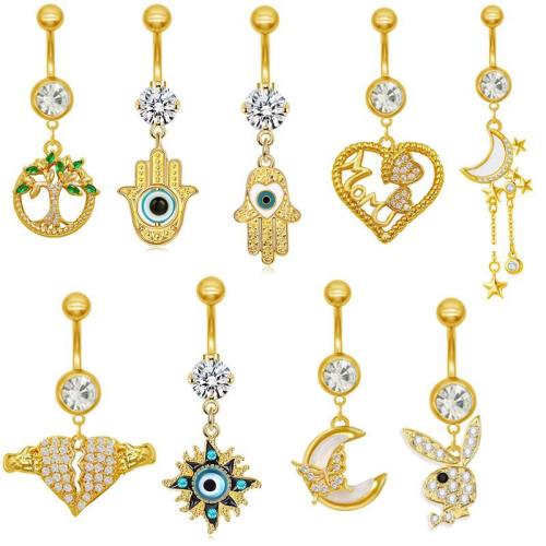 Acier inoxydable 304 anneau de ventre, Placage, unisexe & styles différents pour le choix & pavé de micro zircon, belly ring rod size 1.6x10mm, Vendu par PC