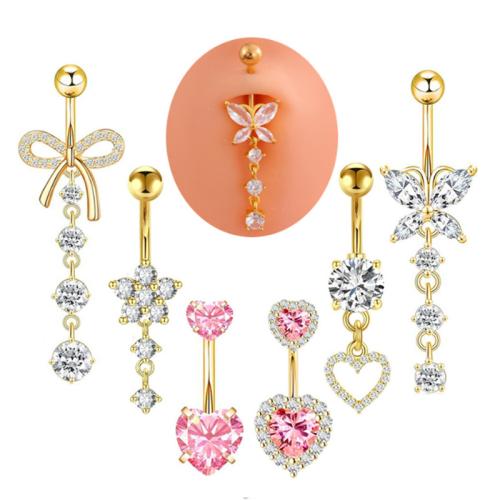 Acier inoxydable 304 anneau de ventre, Placage, unisexe & styles différents pour le choix & pavé de micro zircon, belly ring rod size 1.6x10mm, Vendu par PC