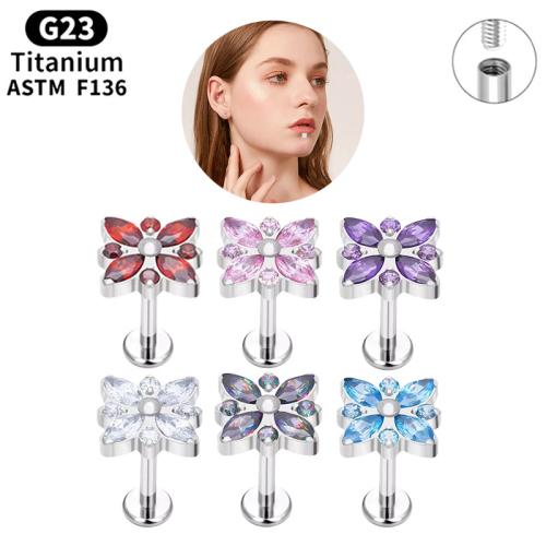 Titanium Alloy Lip Piercing Stud with Copper Alloy Flower polished Unisex & micro pave cubic zirconia Sold By PC