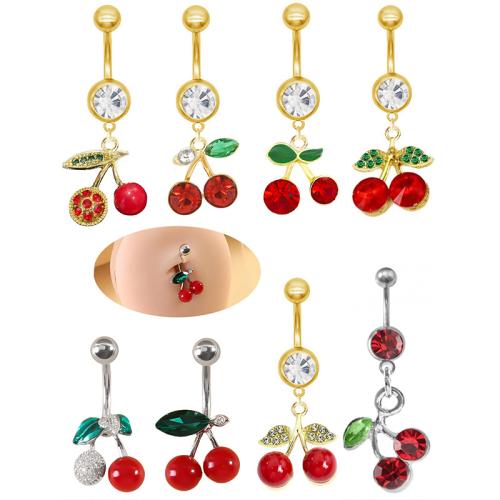 Acier inoxydable 304 anneau de ventre, avec plastique, cerise, Placage, unisexe & styles différents pour le choix & avec strass, belly ring length 27-40mm, Vendu par PC