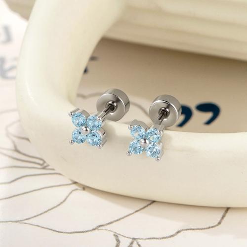 Acier titane piercing oreille, avec laiton, Placage de couleur d'or, bijoux de mode & pavé de micro zircon, bleu, Vendu par PC