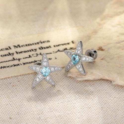 Acier titane piercing oreille, avec laiton, Placage de couleur d'or, bijoux de mode & pavé de micro zircon, bleu, Vendu par PC