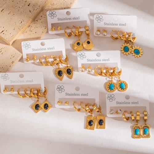 Edelstahl Tropfen Ohrring, 304 Edelstahl, mit Synthetische Türkis, plattiert, drei Stücke & verschiedene Stile für Wahl & für Frau, goldfarben, verkauft von setzen