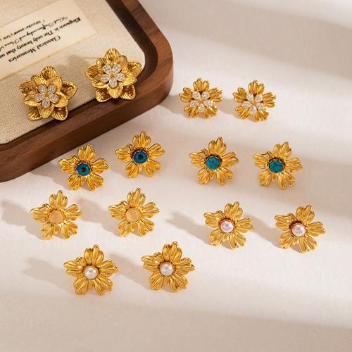 Boucle d'oreille de gaujon en acier inoxydable, Acier inoxydable 304, avec perle de plastique, fleur, Placage, différents matériaux pour le choix & styles différents pour le choix & pour femme, doré, Vendu par paire