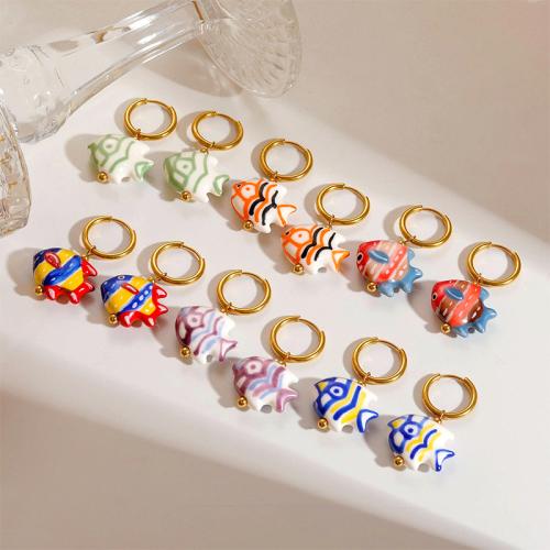 Porcelain Earrings 304 Stainless Steel with Porcelain gold color plated & for woman & enamel Sold By Pair