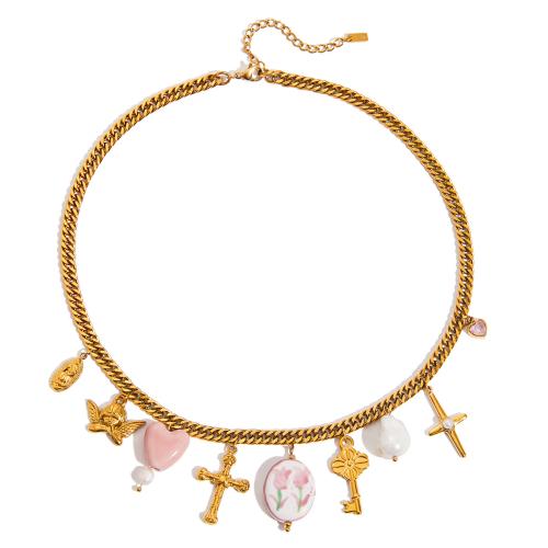 Stainless Steel Jewelry Necklace 304 Stainless Steel with Cubic Zirconia & Porcelain & Plastic Pearl 18K gold plated fashion jewelry & for woman Sold By PC