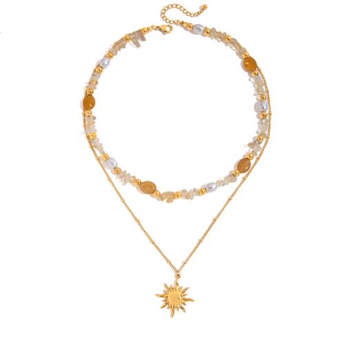 Stainless Steel Jewelry Necklace 304 Stainless Steel with Natural Stone & Glass Pearl plated Double Layer & fashion jewelry & for woman Sold By PC