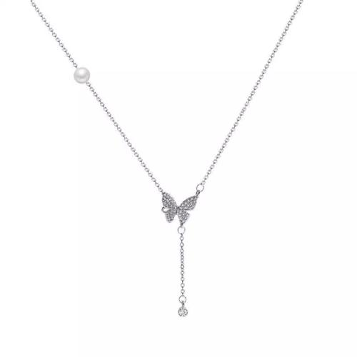 Collier en laiton, avec perle de plastique, papillon, Placage, bijoux de mode & avec strass, argent, protéger l'environnement, sans nickel, plomb et cadmium, 1.70x14mm, Vendu par PC