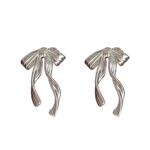 Boucles d'oreilles en laiton zircon cubique pavent, Noeud papillon, Placage, bijoux de mode & pavé de micro zircon, argent, protéger l'environnement, sans nickel, plomb et cadmium, 15.80x24.50mm, Vendu par paire