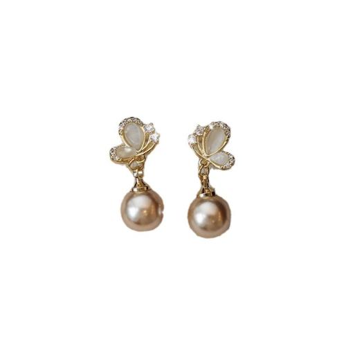 Boucles d'oreilles en laiton zircon cubique pavent, avec plastique, Placage, bijoux de mode & perle d'imitation & pavé de micro zircon, doré, protéger l'environnement, sans nickel, plomb et cadmium, 10x21mm, Vendu par paire