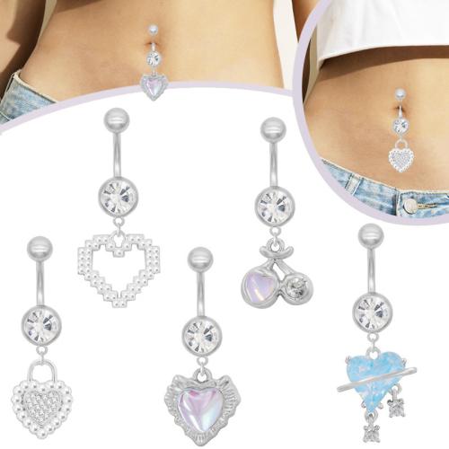 304 Stainless Steel Belly Ring with Plastic Pearl & Zinc Alloy Heart plated Unisex & with rhinestone Sold By PC