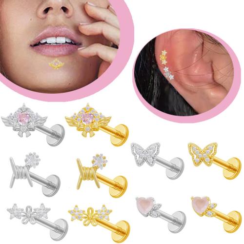 304 Stainless Steel Lip Piercing Stud with Brass plated Unisex & with rhinestone Sold By PC