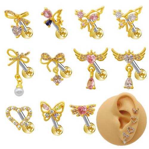 Acier titane piercing oreille, avec perle de plastique, Placage, unisexe & styles différents pour le choix & pavé de micro zircon, Vendu par PC
