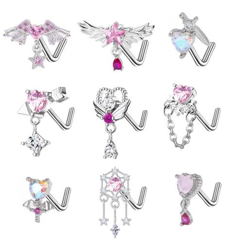 Stal nierdzewna 304 Biżuteria kolczyki do nosa, Powlekane, dla obu płci & różne style do wyboru & mikro utorować cyrkonia, nose piercing jewelry rod size 0.8x7mm, sprzedane przez PC