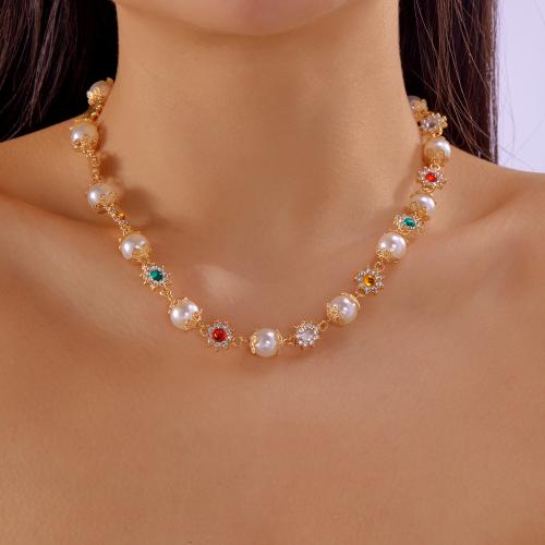 Collier de perles en plastique, alliage de zinc, avec Plastique ABS perle, Placage de couleur d'or, bijoux de mode & avec strass, plus de couleurs à choisir, Vendu par PC