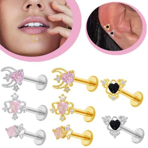 304 Stainless Steel Lip Piercing Stud with Brass plated Unisex & micro pave cubic zirconia Sold By PC