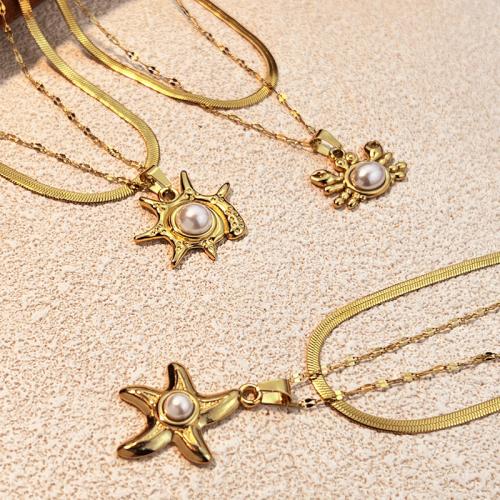 Stainless Steel Jewelry Necklace 304 Stainless Steel with Plastic Pearl plated Double Layer & for woman golden Sold By PC