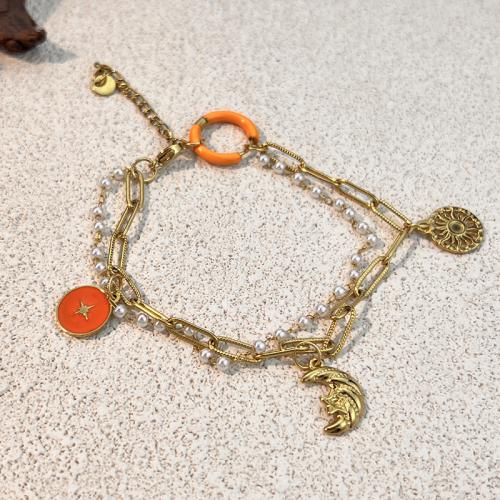 Bijoux bracelet en acier inoxydable, Acier inoxydable 304, avec perle de plastique, Placage, Double couche & pour femme & émail, doré, Vendu par PC