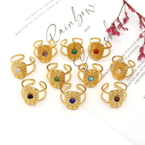 Gemstone prst prsten, 304 Stainless Steel, s Přírodní kámen, barva pozlacený, módní šperky, více barev na výběr, 21x18mm, Prodáno By PC