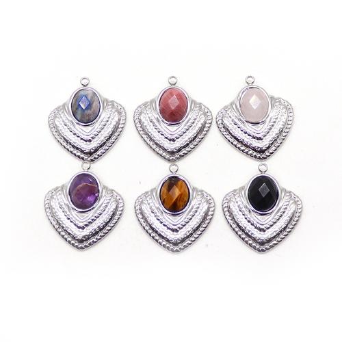 Gemstone Pendants Jewelry 304 Stainless Steel with Natural Stone Heart silver color plated DIY nickel lead & cadmium free Sold By PC