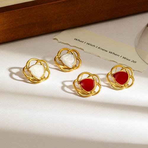 Boucle d'oreille de gaujon en acier inoxydable, Acier inoxydable 304, fleur, Plaqué or 18K, pour femme & émail & creux, plus de couleurs à choisir, Vendu par paire