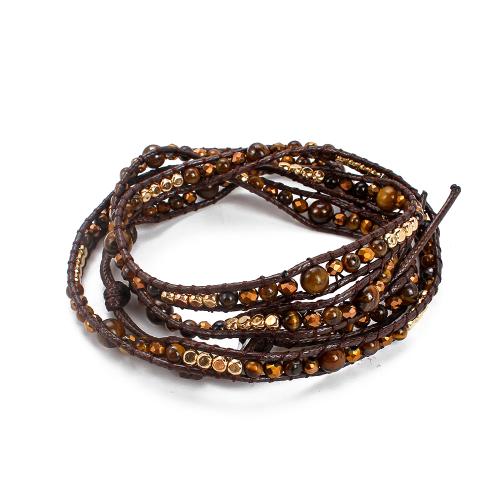 Bracelets naturelles Tiger Eye, oeil de tigre, avec corde de cire & laiton & alliage de zinc, Rond, Placage, bijoux de mode & multicouche & unisexe, couleurs mélangées, Vendu par Environ 85 cm brin