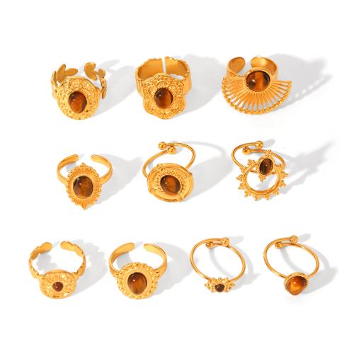 Gemstone prst prsten, 304 Stainless Steel, s Tygří oko, á, módní šperky & různé styly pro výběr & pro ženy, zlatý, Prodáno By PC