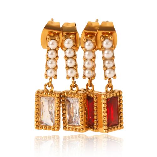 Edelstahl Tropfen Ohrring, 304 Edelstahl, mit kubischer Zirkonia & Kunststoff Perlen, goldfarben plattiert, Modeschmuck & verschiedene Stile für Wahl & für Frau, verkauft von Paar