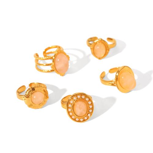 Natural Bague Quartz, Acier inoxydable 304, avec quartz rose, Placage, bijoux de mode & styles différents pour le choix & pour femme, doré, Vendu par PC