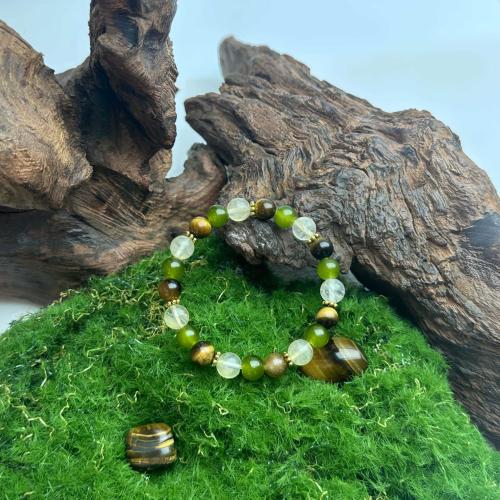 Gemstone Bracelets Tiger Eye with Natural Prehnite & Clear Quartz gold color plated fashion jewelry Sold By PC
