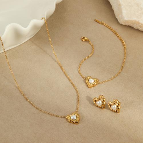 Stainless Steel smycken Ställer, 304 rostfritt stål, med Plast Pearl, Hjärta, 18K guldpläterad, mode smycken & olika stilar för val & för kvinna, Säljs av PC