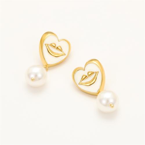 Edelstahl Tropfen Ohrring, 304 Edelstahl, mit Kunststoff Perlen, 18K vergoldet, Modeschmuck & für Frau & Emaille, keine, verkauft von Paar