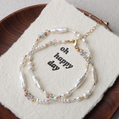 Freshwater Pearl Brass Chain Necklace, Pérolas de água doce, with cristal & cobre, Biwa, banhado, joias de moda, Mais cores pare escolha, níquel, chumbo e cádmio livre, 5-7mm, vendido por PC