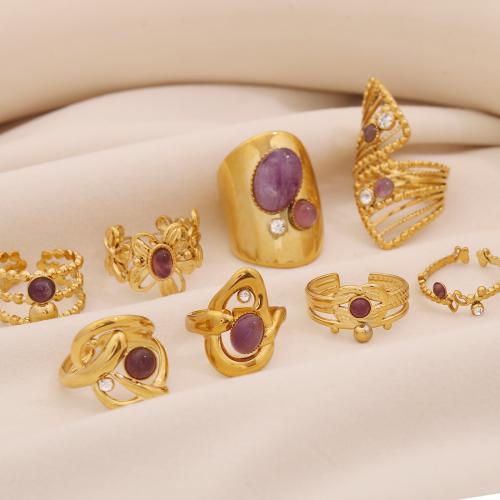 Gemstone Finger Ring, cobre, with Pedra natural, banhado, Vario tipos a sua escolha & para mulher & vazio, dourado, vendido por PC