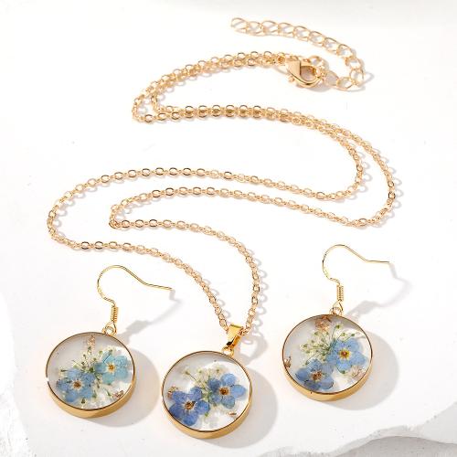 Flores secas Conjunto de joya, pendiente & collar, con Etiqueta engomada de epoxy & aleación de zinc, chapado en color dorado, Joyería, más colores para la opción, Vendido por Set