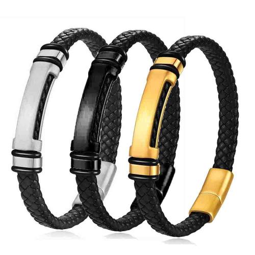 PU Leather Cord Bracelets 304 Stainless Steel with leather cord gold color plated fashion jewelry Sold By PC