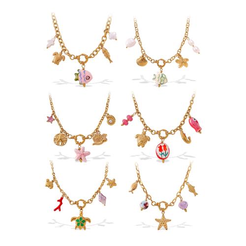 Nerezová ocel šperky náhrdelník, 304 Stainless Steel, s Sladkovodní Pearl, 18K pozlacené, různé styly pro výběr & pro ženy & smalt, Prodáno By PC