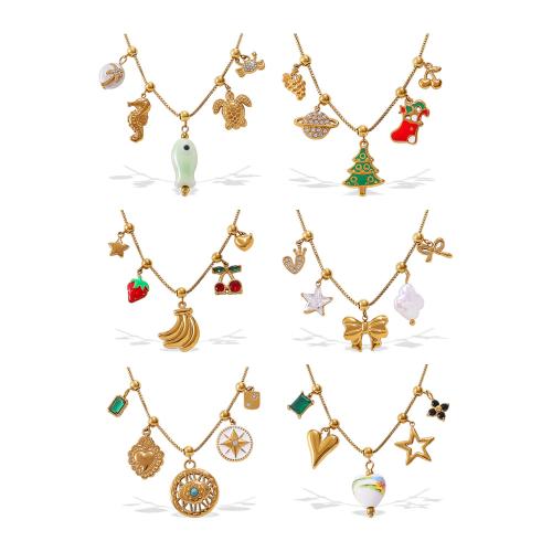 Stainless Steel Jewelry Necklace 304 Stainless Steel with Glass Stone & Cubic Zirconia & Porcelain 18K gold plated fashion jewelry & for woman Sold By PC