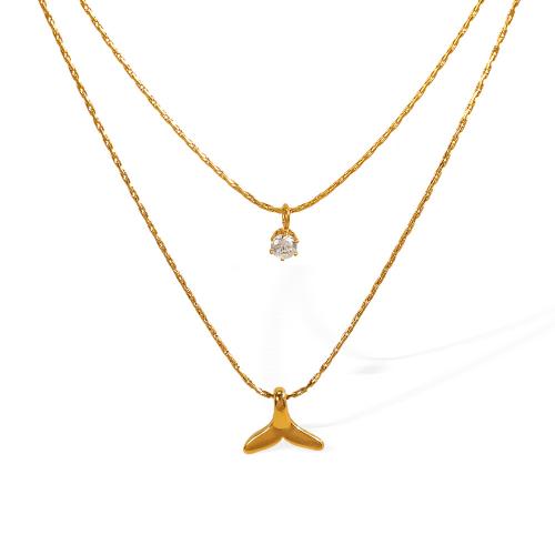 Nerezová ocel šperky náhrdelník, 304 Stainless Steel, Dvojitá vrstva & pro ženy & s drahokamu, zlatý, Prodáno By PC