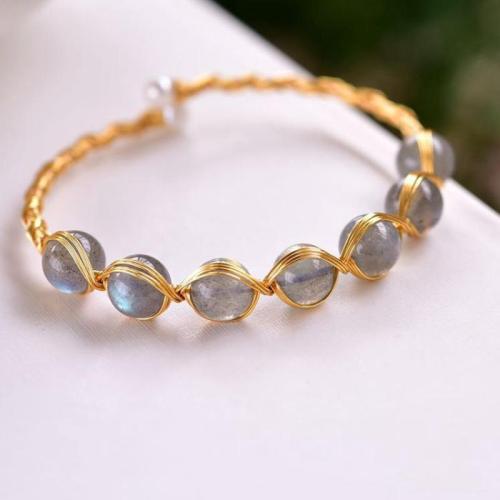 laiton bracelet manchette, avec Moonstone, 14K rempli d’or, bijoux de mode & pour femme, Inner diameter :55mm, Vendu par PC