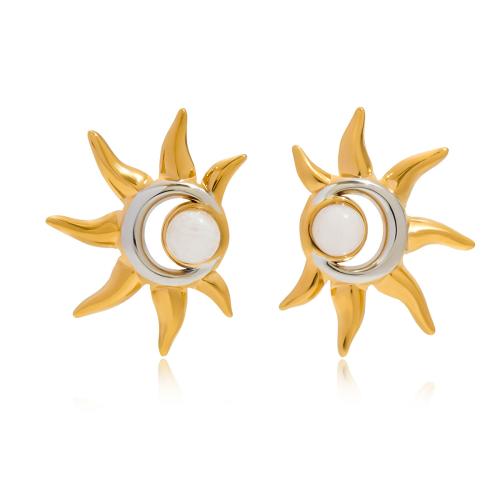 Stainless Steel Stud fülbevaló, 304 rozsdamentes acél, -val Üveg, Nap, galvanizált, a nő & kétszínű & üreges, Által értékesített pár