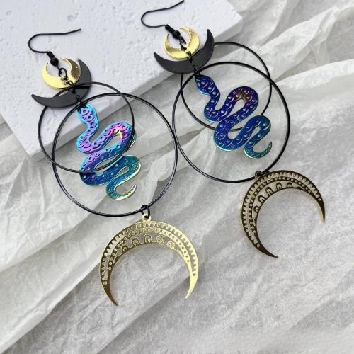 Boucles d'oreilles pendantes en laiton, avec Acier inoxydable 304, serpent, Placage de couleur d'or, bijoux de mode, couleurs mélangées, protéger l'environnement, sans nickel, plomb et cadmium, Vendu par paire
