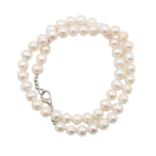Colar de Pérolas de Água Doce Natural, Pérolas de água doce, with ferro & Aço inoxidável 304, Roda, joias de moda, branco, 7-8mm, comprimento 41 cm, vendido por PC