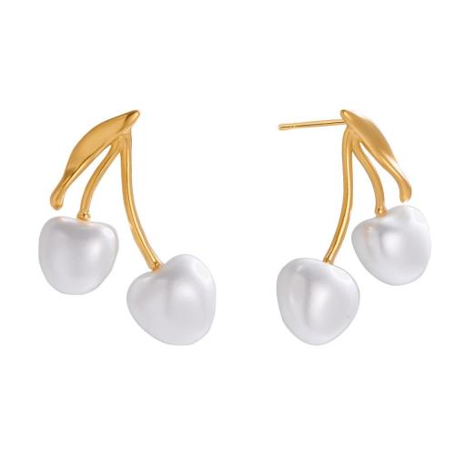 Stainless Steel Stud fülbevaló, 304 rozsdamentes acél, -val Műanyag Pearl, Cseresznye, galvanizált, divat ékszerek & a nő, aranysárga, Által értékesített pár