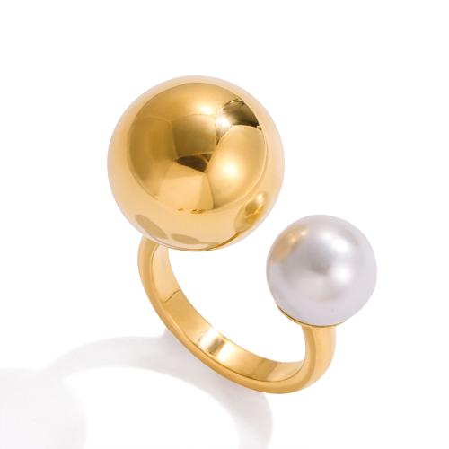 Stainless Steel Finger Ring 304 Stainless Steel with Plastic Pearl plated fashion jewelry & for woman golden Sold By PC