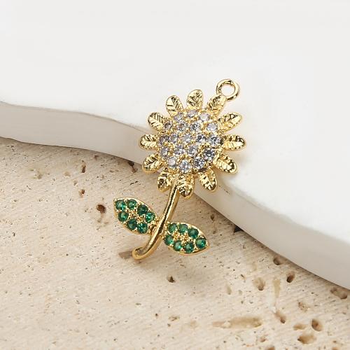 Cubique Pendentif en laiton zircon pavent, Tournesol, Placage de couleur d'or, DIY & pavé de micro zircon, doré, protéger l'environnement, sans nickel, plomb et cadmium, 15.24x3.07x24.17mm, 20PC/sac, Vendu par sac